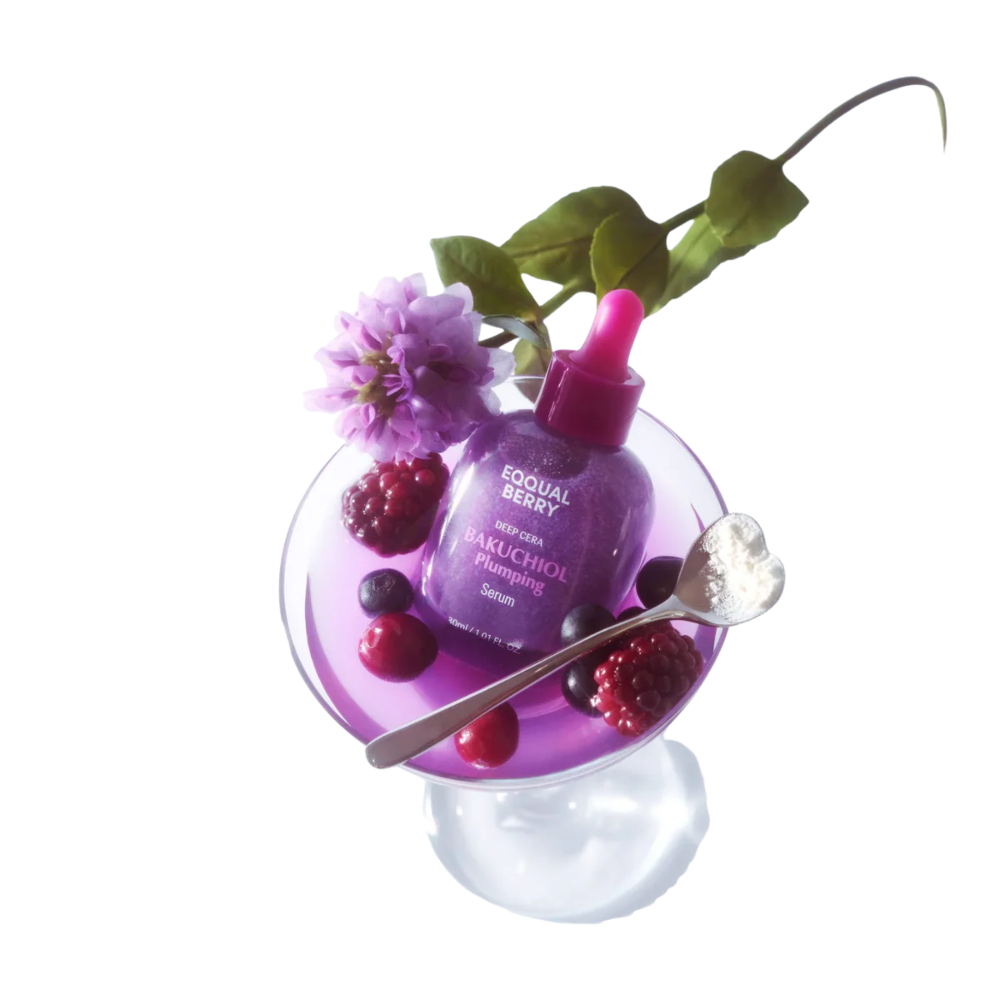 Skincare product with berries and flowers on a white background