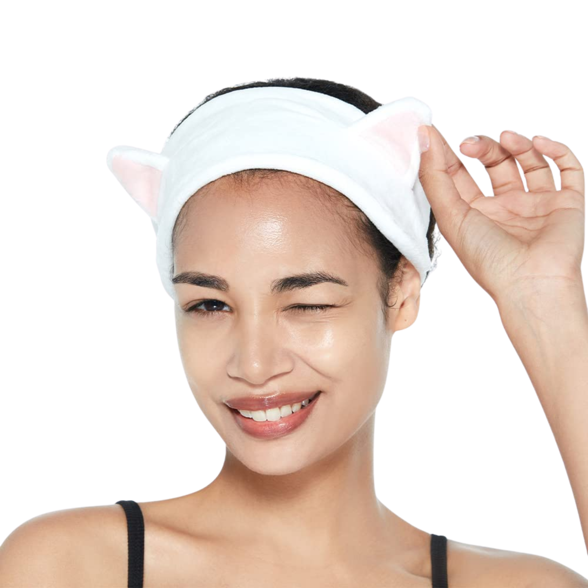 Model wearing Etude House Etti Hair Band while applying Korean skincare