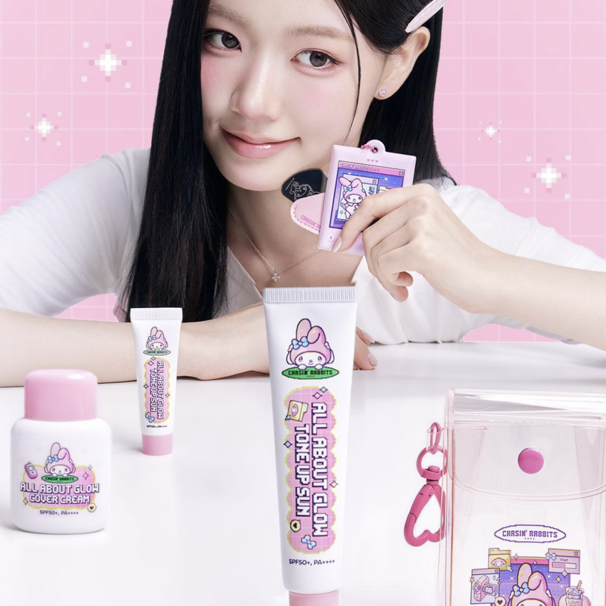 CHASIN’ RABBITS All About Glow Tone Up Sun 70ml + 10ml + Mirror Keyring [Sanrio Collection]