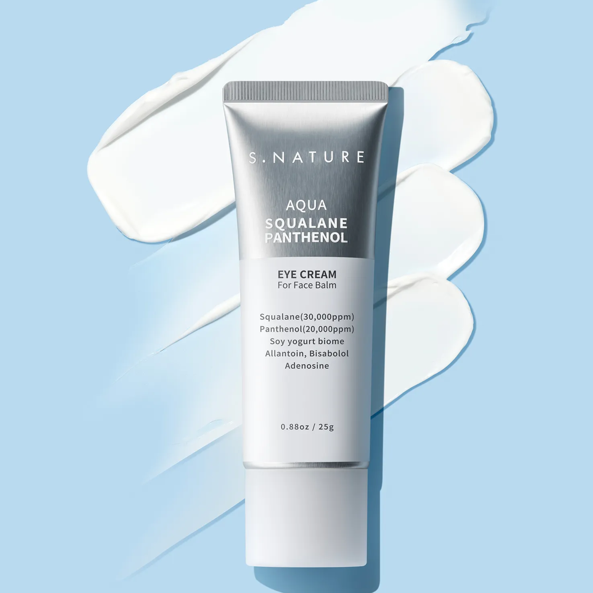 S.NATURE Panthenol Eye Cream for Face Balm | K-Beauty Hydration S.NATURE Aqua Squalane Panthenol Eye Cream for Face Balm 25g silver tube on a pale blue background