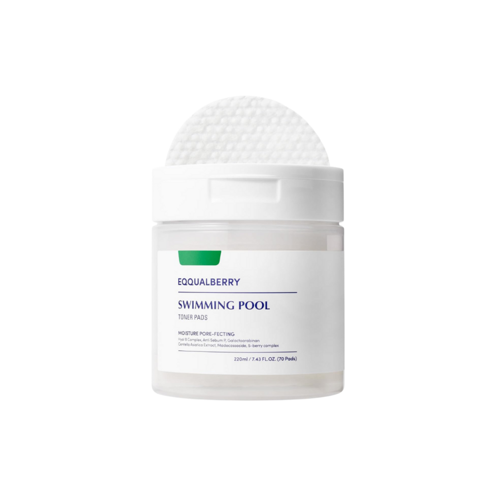 Skincare product jar labeled 'Equalberry Swimming Pool' on a white background